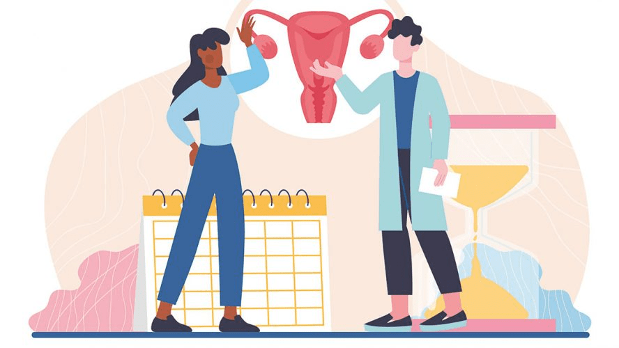 Afbeelding van een gesprek tussen een vrouw en een zorgverlener over de overgang